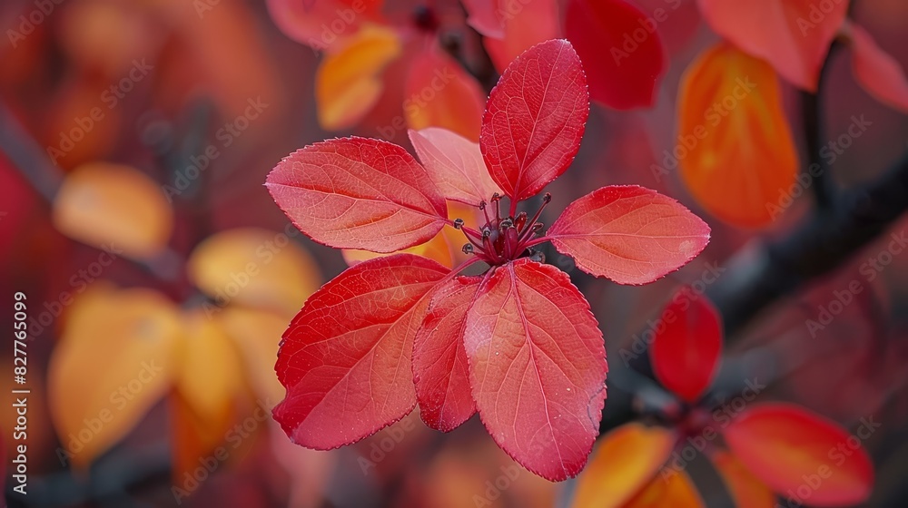 A red flower on a tree branch, with yellow and red leaves in sharp focus in the foreground, and a blurred backdrop of intermingled red and yellow leaves A red flower on a tree branch, with yellow and red leaves in sharp focus in the foreground, and a blurred backdrop of intermingled red and yellow leaves