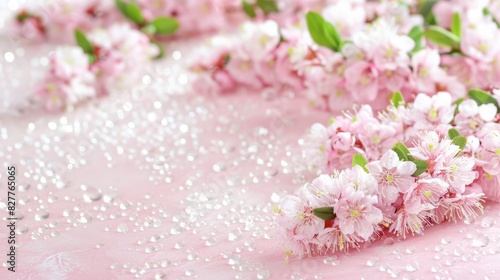  A tight shot of numerous pink flowers atop a pink backdrop  with dewdrops glistening on their saturated petals and verdant greens adorning the tips