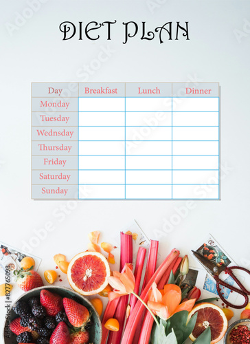 Weekly Diet Plan Template with Fruits and Vegetables Background