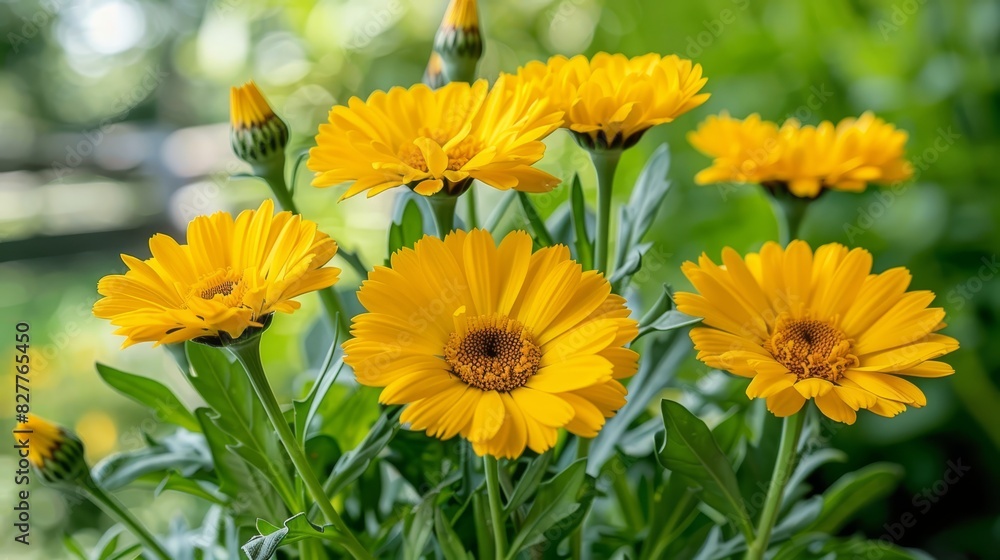 A close-up of a yellow flower cluster in a field with distinct green grass and trees in the background The background remains sharp and clear A close-up of a yellow flower cluster in a field with distinct green grass and trees in the background The background remains sharp and clear