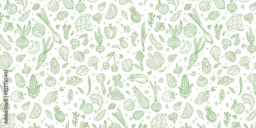 Doodle pattern of vegetables and fruits on a white background  vector graphics of healthy food. Fruits and vegetables in doodle style  sketch. Illustration for food design. Vegan products