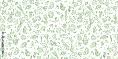 Doodle pattern of vegetables and fruits on a white background, vector graphics of healthy food. Fruits and vegetables in doodle style, sketch. Illustration for food design. Vegan products