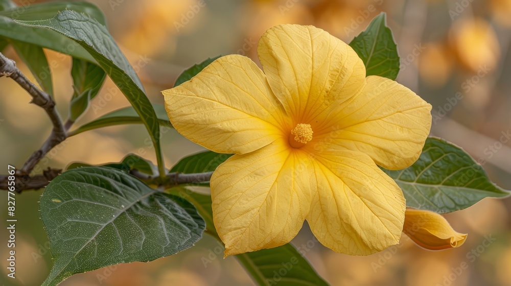 A yellow flower, focused tightly, on a tree branch Surrounding background of leaves and branches softly blurred Single yellow bloom in sharp relief A yellow flower, focused tightly, on a tree branch Surrounding background of leaves and branches softly blurred Single yellow bloom in sharp relief