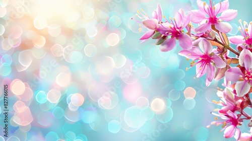  A table holding several pink flowers, positioned above a blue-and-white tablecloth Background includes indistinct blue lights and a blue sky