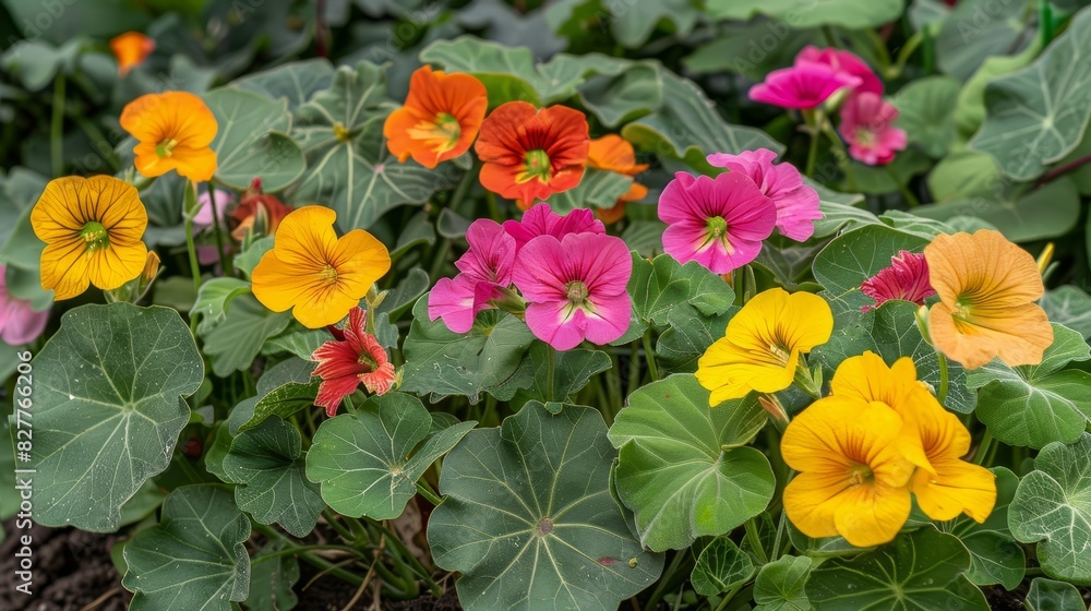 vibrant green leaves, red, yellow, orange, and pink blooms at the image's heart