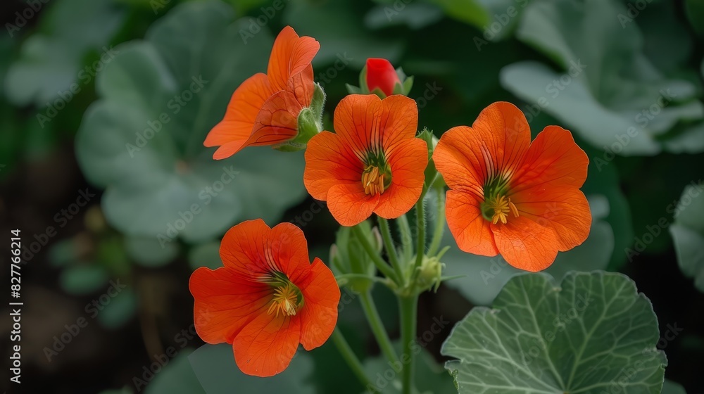  A cluster of orange flowers atop a verdant, leafy plant, surrounded by numerous green foliage plants