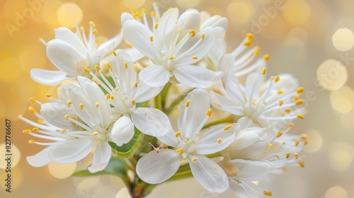 A tight shot of a white bloom with yellow stamens  set against a softly blurred background Bokeh effect from the flower s center radiates outward via light  