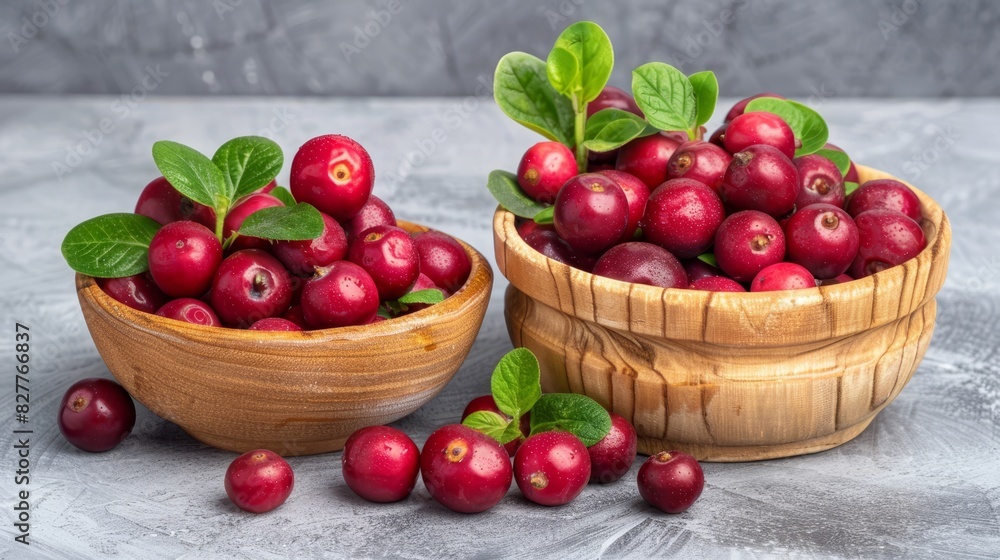  Two wooden bowls, each brimming with red cranberries, nestled on a gray surface Leaves adorned one bowl's rim