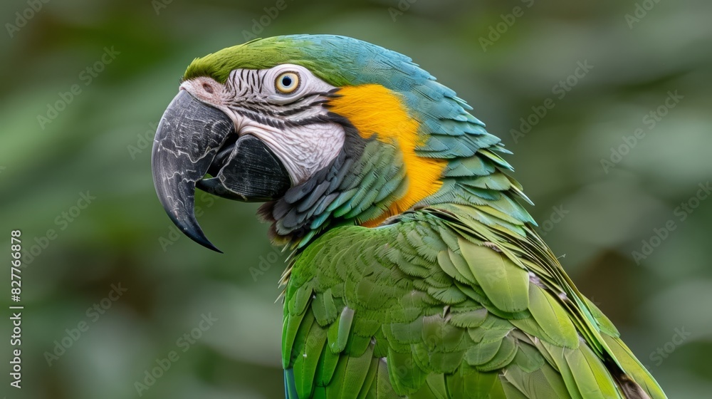  A close-up of a green and yellow parrot with a blurred foreground, and a blurred background