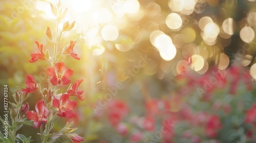  A close-up of red flowers in a field with a blurry background caused by backlit bokeh