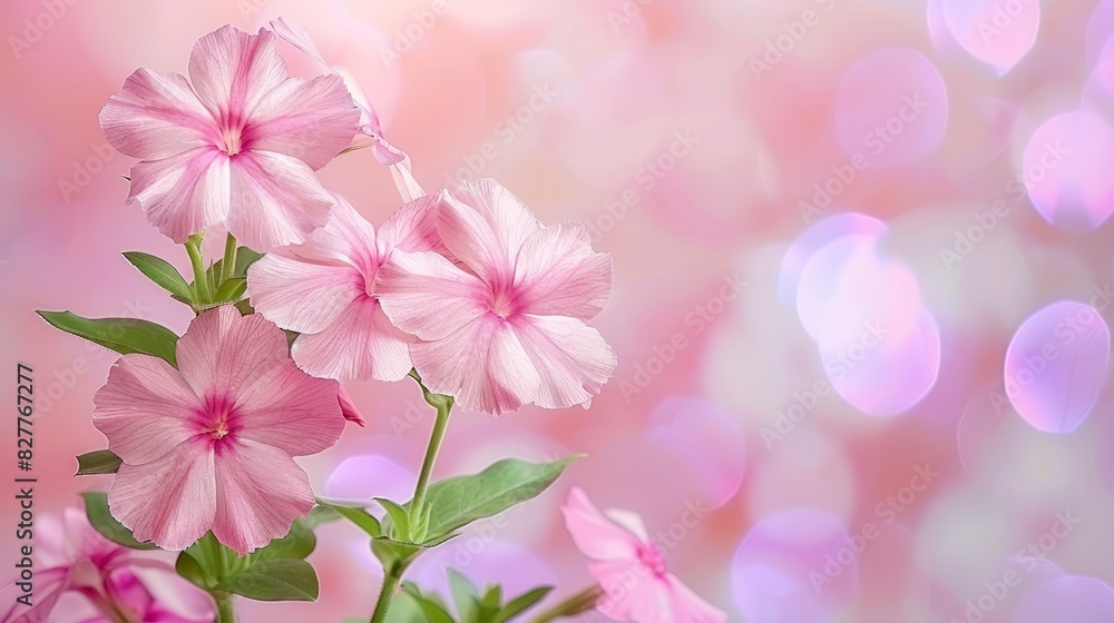  A close-up of a pink flower against a blurred backdrop Foreground features pink blooms, while background showcases a blur of pink flowers and bokeh of blurry lights