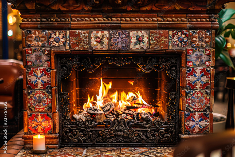 Fireplace made of ceramic bricks with beautiful color antique relief tiles with old beautiful wrought-iron lattice. Fire is burning. Gentle flames dance over flickering coals without emitting smoke. Fireplace made of ceramic bricks with beautiful color antique relief tiles with old beautiful wrought-iron lattice. Fire is burning. Gentle flames dance over flickering coals without emitting smoke.