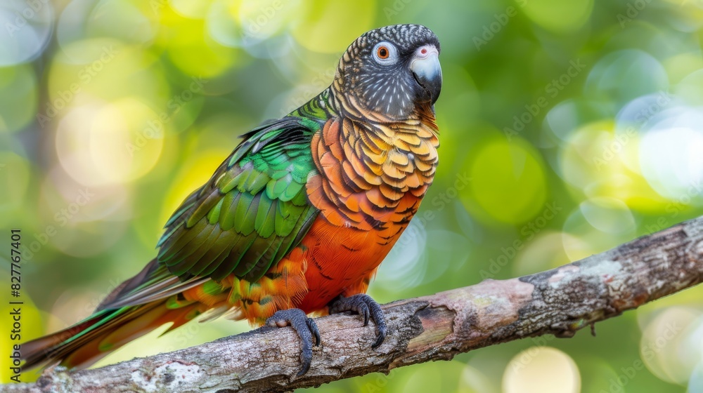 A vibrant bird perches atop a tree branch, adjacent to a green and yellow branch adorned with numerous leaves The backdrop consists of dense foliage, while the fore A vibrant bird perches atop a tree branch, adjacent to a green and yellow branch adorned with numerous leaves The backdrop consists of dense foliage, while the fore
