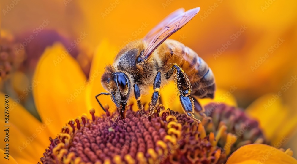 Fototapeta premium A bee is on a yellow flower.