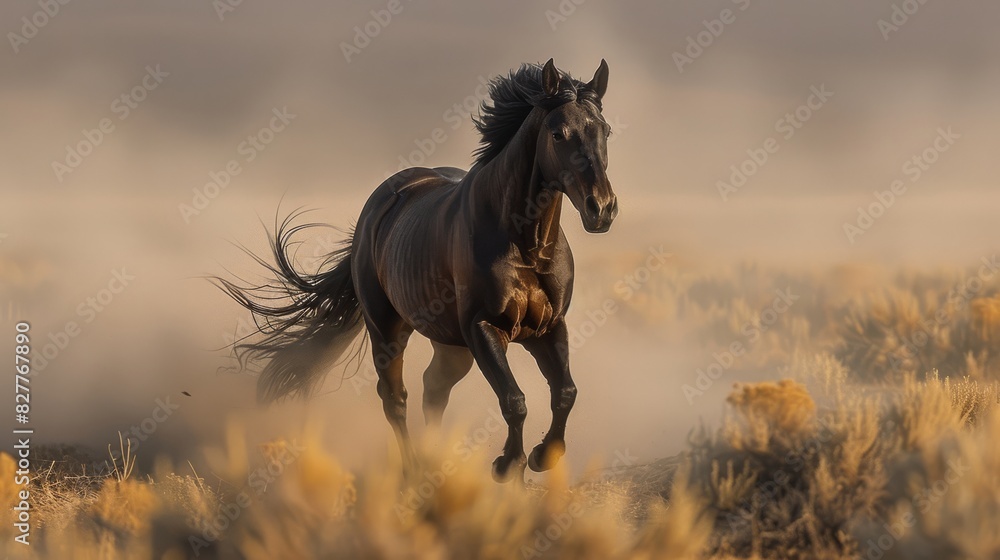 A Majestic Black Stallion Galloping Gracefully Through the Golden Desert Landscape. A Majestic Black Stallion Galloping Gracefully Through the Golden Desert Landscape.