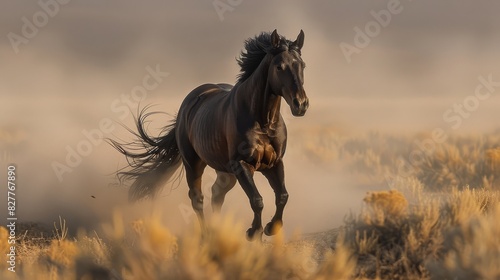A Majestic Black Stallion Galloping Gracefully Through the Golden Desert Landscape. © DreamscapesGallery