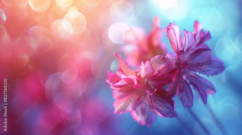 A pink flower in focus against a blue and pink background Bokeh effect from a central, blurred source of light A pink flower in focus against a blue and pink background Bokeh effect from a central, blurred source of light