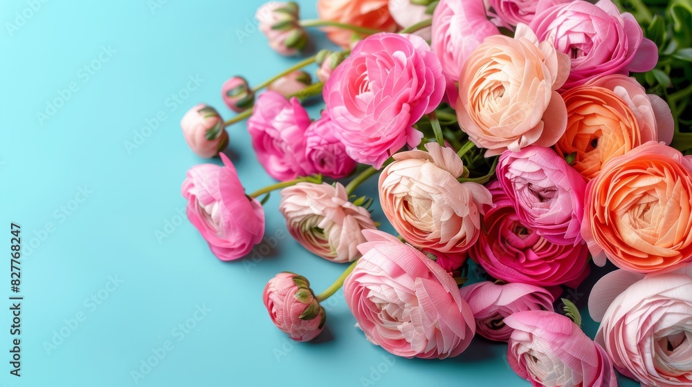 A collection of pink and orange blossoms overlapping on a blue backdrop A solitary green stem stands centrally, and the heart of this image is filled with an array of A collection of pink and orange blossoms overlapping on a blue backdrop A solitary green stem stands centrally, and the heart of this image is filled with an array of