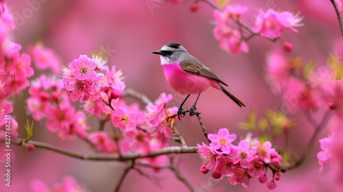  A bird sits on a tree branch, surrounded by pink flowers in the foreground The background softly features more pink flowers © Jevjenijs