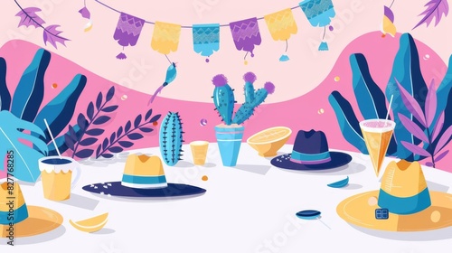 Illustrate a vibrant Cinco de Mayo fiesta from a low angle, showcasing festive decorations and a colorful background with ample copy space