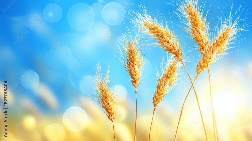 A tight shot of wheat cluster against a sunny backdrop, blue sky overhead, and out-of-focus grass in the foreground A tight shot of wheat cluster against a sunny backdrop, blue sky overhead, and out-of-focus grass in the foreground