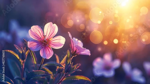  A tight shot of a pink bloom against blurred backlights and a bokeh of soft, blurred light originating from behind it, ascending toward the flower's petals photo