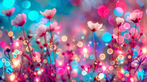  A scene with several flowers in grass, surrounded by blurred lights behind, and a blue sky up front, dotted with pink and white blooms
