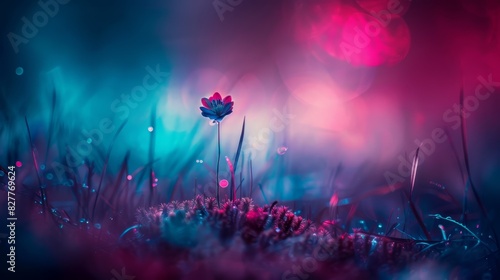  A tight shot of a red flower amidst a sea of grass Backdrop comprises blue and pink lights Blurred background photo