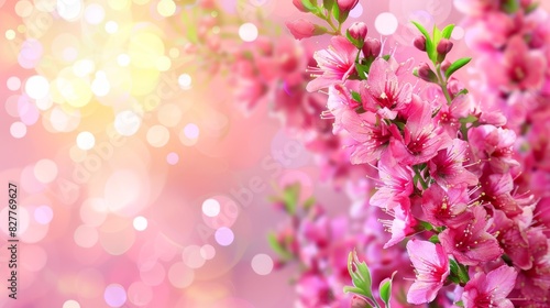  A tight shot of numerous pink blossoms against a pink-and-white backdrop Background blur with soft, glowing light originating from behind the flowers © Jevjenijs