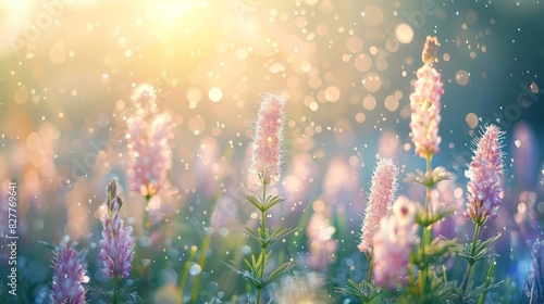  A field brimming with numerous pink blooms atop a verdant grass expanse, speckled with dewdrops and kissed by the sun's rays above photo
