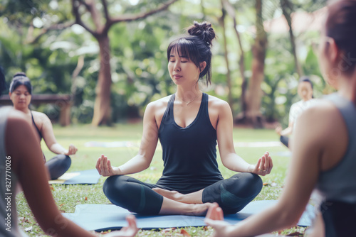 Yoga instructor leading outdoor class in park surrounded by trees. Calm and focused atmosphere promoting relaxation and mindfulness photo