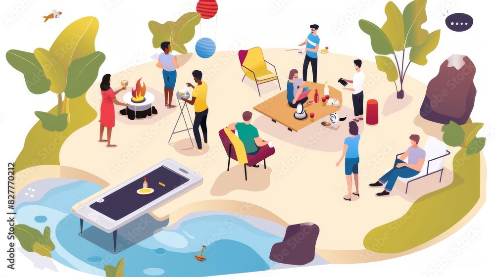 Illustrate a lively summer party scene from a distance, emphasizing festivity and warmth, with a versatile background for text or graphics Illustrate a lively summer party scene from a distance, emphasizing festivity and warmth, with a versatile background for text or graphics