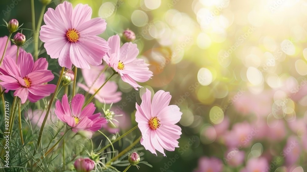 A sunny day scene with pink flowers blooming, sun shining through leaves, foreground focused A sunny day scene with pink flowers blooming, sun shining through leaves, foreground focused
