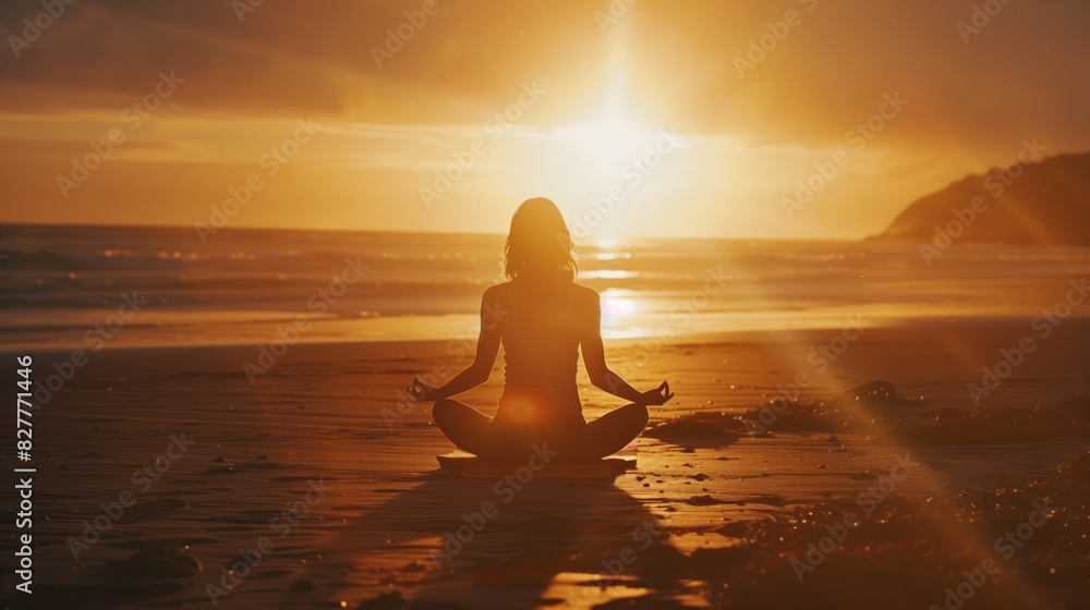 Sunlit Beach Meditation: Young Woman in Lotus Pose Sunlit Beach Meditation: Young Woman in Lotus Pose