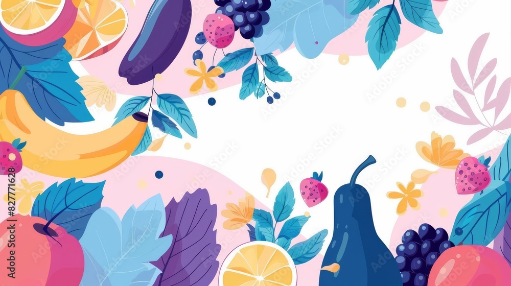 Illustrate a variety of luscious, fresh fruits and vegetables in a vibrant low-angle view Ensure the composition is flat with a spacious background for text placement Illustrate a variety of luscious, fresh fruits and vegetables in a vibrant low-angle view Ensure the composition is flat with a spacious background for text placement