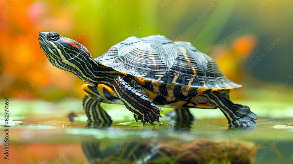 A tight shot of a turtle atop water, surrounded by grass and flowers in the backdrop Foreground features a softly focused image of the same turtle A tight shot of a turtle atop water, surrounded by grass and flowers in the backdrop Foreground features a softly focused image of the same turtle