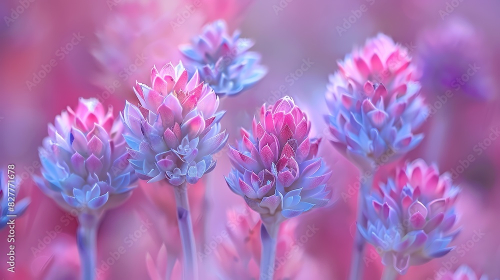 A field of purple and pink flowers with a cluster of pink and blue blooms in the center A field of purple and pink flowers with a cluster of pink and blue blooms in the center