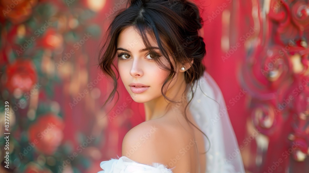 A woman in a white wedding gown holds a flower, posing before a red backdrop She wears a veil atop her head A woman in a white wedding gown holds a flower, posing before a red backdrop She wears a veil atop her head