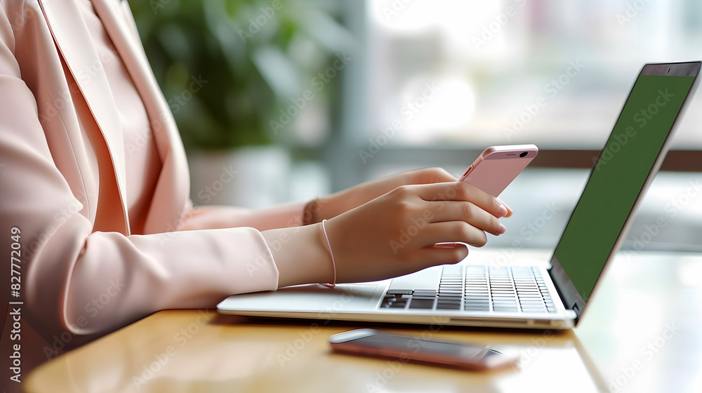 Fototapeta premium A Businesswoman Holding a Mobile Phone and Using a Laptop Sitting in a Coffee Shop, High-angle View of a Closeup Photo of a Cafe, Businesswoman's Desk