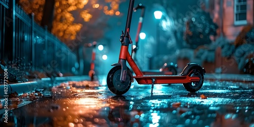 Sloppily parked electric scooters on rainy city sidewalk at night. Concept Electric Scooters, Urban Environment, Rainy Night, Sidewalk, Cityscape photo