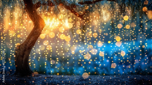  A tree standing in the middle of a lit-up field, surrounded by numerous lights on the ground Another tree, similarly situated, featuring an array of lights beneath it