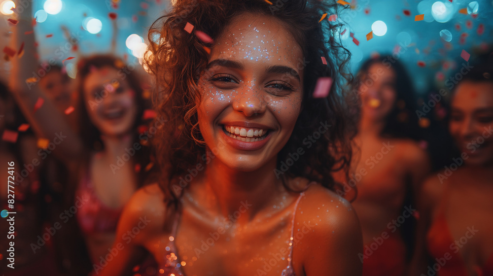 Group of Friends Laughing and Dancing at Nightclub Under Confetti
Group of Friends Laughing and Dancing at Nightclub Under Confetti