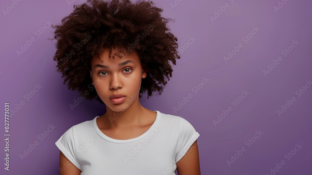 A portrait of a young italian woman with an afro hair style and white t-shirt against a purple background. Feminine, minimalistic style banner with copy space.