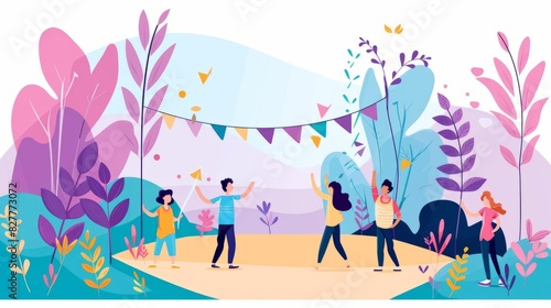 Design a whimsical scene featuring children gleefully waving flags in a panoramic setting against a soft, pastel backdrop, perfect for including text