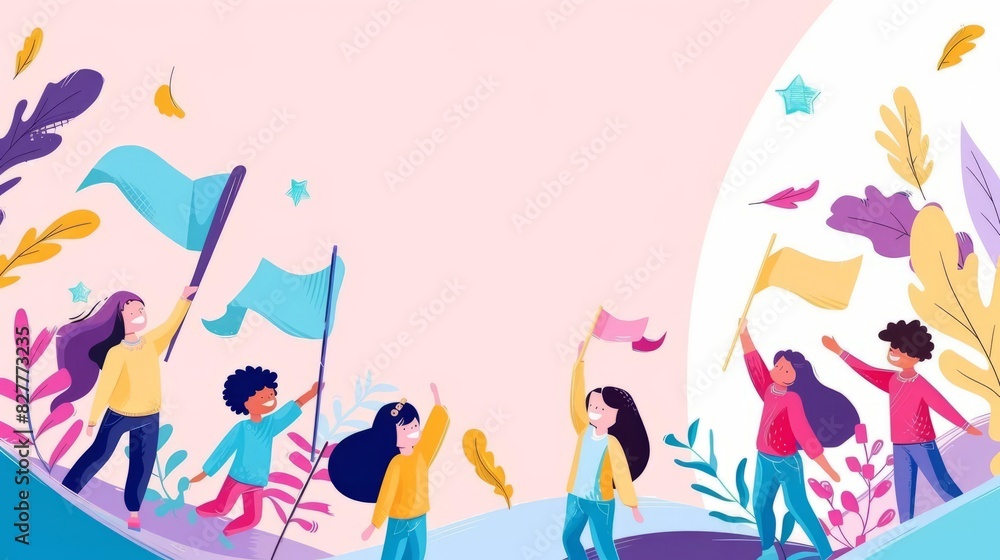 Illustrate a panoramic view of children waving flags joyfully against a plain pastel solid background, with ample copy space. isolated on soft plain pastel solid background Illustrate a panoramic view of children waving flags joyfully against a plain pastel solid background, with ample copy space. isolated on soft plain pastel solid background