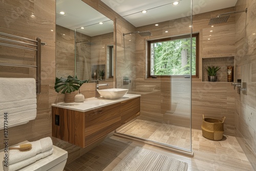Bathroom with Glass Shower and Wooden Accents Glass shower enclosure  wooden vanity  and minimal accessories. Clean  modern design.