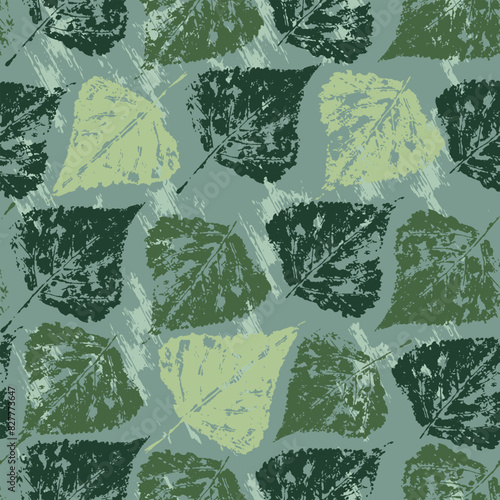 Imprints of poplar leaves seamless pattern with texture. Template for fabric, wallpaper, surface design. Vector illustration