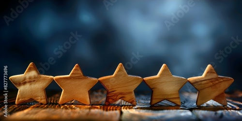 Wooden stars in a row represent a satisfaction rating system for feedback. Concept Wooden Stars, Satisfaction Rating, Feedback System, Wooden Decor, Customer Rating
