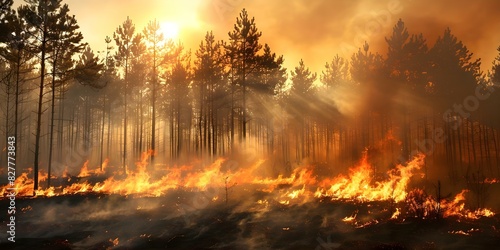 Large forest fire destroys pine trees during dry season global environmental catastrophe. Concept Global Warming  Environmental Disaster  Forest Fires  Climate Change  Deforestation
