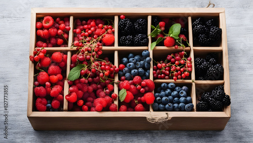 Fresh summer berries in wooden baskets. Strawberries, blueberries and strawberries.